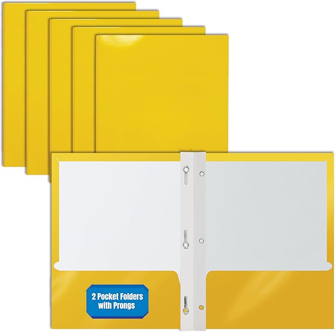 Better Office Products 2 Pocket Glossy Yellow Paper Folders with Prongs, 25 Pack, Letter Size, High Gloss Yellow Paper Portfolios with 3 Metal Prong Fasteners, Box of 25