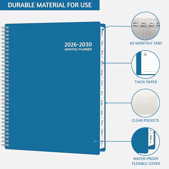 Monthly Planner 2026-2030, 5-Year Calendar Planner 2026-2030, Jan 2026 – Dec 2030, 8.5 x 11 In, Ruled Spread, Flexible Cover, Spiral Wirebound, Pocket, 60 Coated Monthly Tabs, Notes ＆ Habit Tracker, A4 Planner, Green