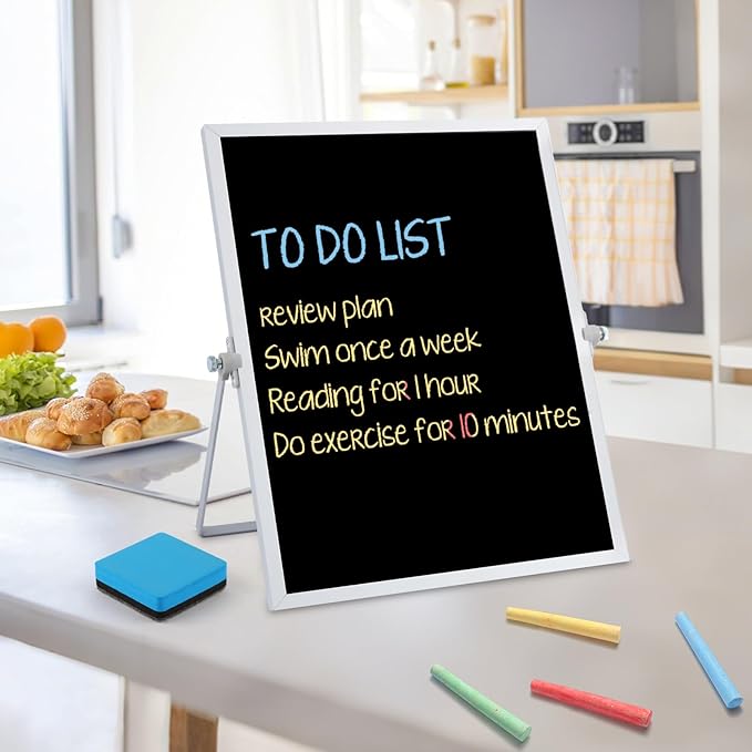 Small Magnetic Chalk Board Easel 10"X14", Double-Sided Tabletop & Wall Hanging Chalkboard with 4 Chalks & Eraser, Desktop Mini Black Board Sign for Office Desk Home Menu School