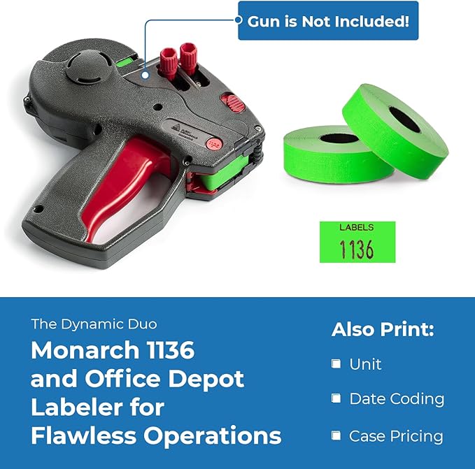 1136 Green Monarch Labels, 8 Rolls, 14,000 Two line Labels