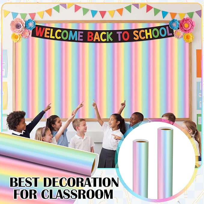 Ctosree 2 Roll Gradient Rainbow Bulletin Board Paper 4x12ft/1.2x3.6m Non Woven Bulletin Background Wallpaper Fade Resistant Board Roll Decoration for Arts Crafts Office School Classroom