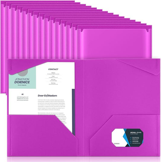 Henoyso 36 Pack Fluorescent Purple Plastic Folders with Clear Front Pockets Heavy Duty File Folders with 2 Pockets and Card Slot for Student Communication School Office Presentation Report