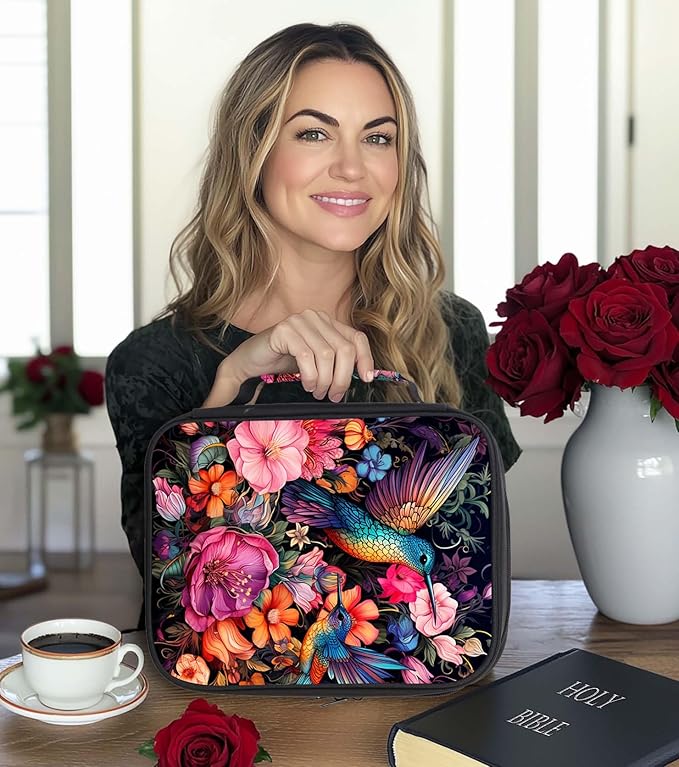 Hummingbird Floral Bible Cover for Women | Bird Scripture Case with Zipper and Handle | Large Polyester Bible Bag with Pockets for Church, Study & Travel | Christian Gifts for Women