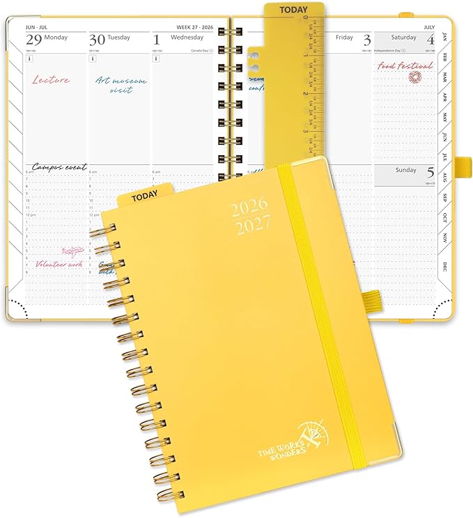 POPRUN 2026-2027 Academic Year Weekly and Monthly Planner Calendar,Jul 2026 - Jun 2027，6.25" x 8.5",Daily Agenda Book & Appointment Book with Hourly Schedule, Tabs, Hardcover, School and Office Supplies - Light Yellow