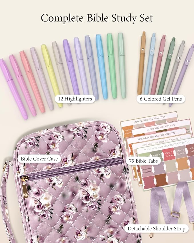 BellaHold Bible Cover Case for Women, Large Bible Bag with Detachable Strap & Bible Study Supplies, 12 Highlighters, 6 Colored Gel Pens & 75 Bible Tabs, Christian Gifts for Women (Purple Rose)