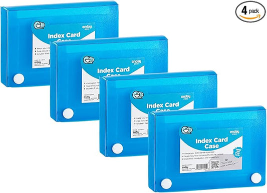 Enday Index Card Holder 3x5, Blue Index Card Case with 5 Tab Dividers, Index Card Organizer, Flash Card Holder, Holds 100 Cards, 4 Pack