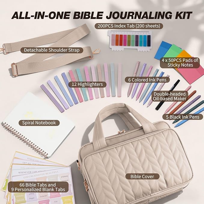 KOPKOFT Bible Cover Case for Women, All-in-One Bible Study Supplies Journaling Kit with Highlighters Tabs, Quilted Book Carrying Cases, Christmas Christian Gifts for Women (Smokey Taupe)