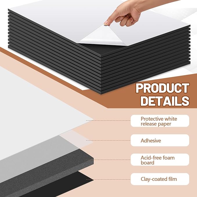 Pushglossy 25 Sheets 24 x 36 x 3/16" Self Adhesive Foam Board Black Self-Adhesive Tack Foam Boards Large Free Mounting Poster for Crafts Presentation Vision Board Signboard and Party Decorations