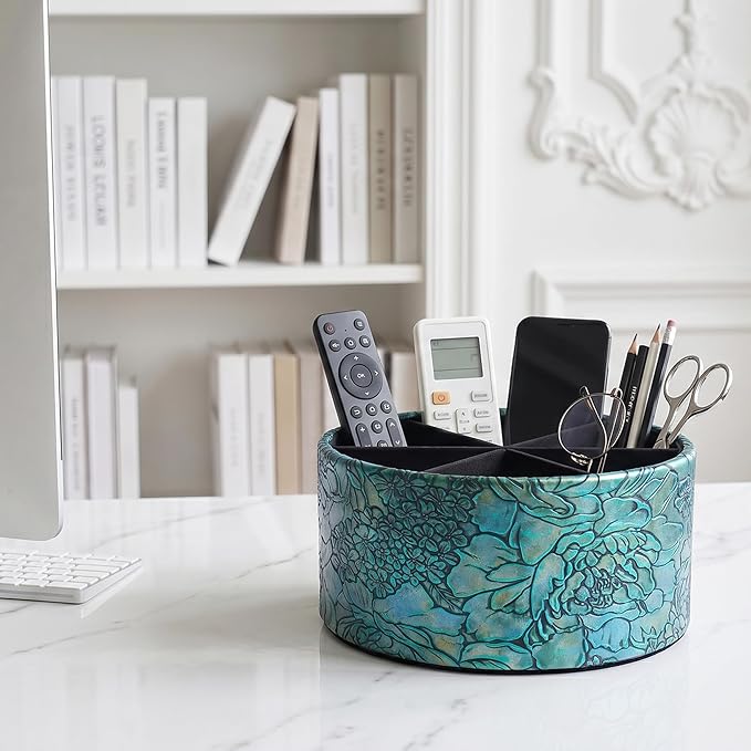 Remote Control Holder, 360°Spinning PU Leather Desk TV Remote Caddy,Desk Storage Box Room Accessories for Controller, Media,Mail,Calculator, Mobile Phone,Pencil(1B-Rich Flower Green)