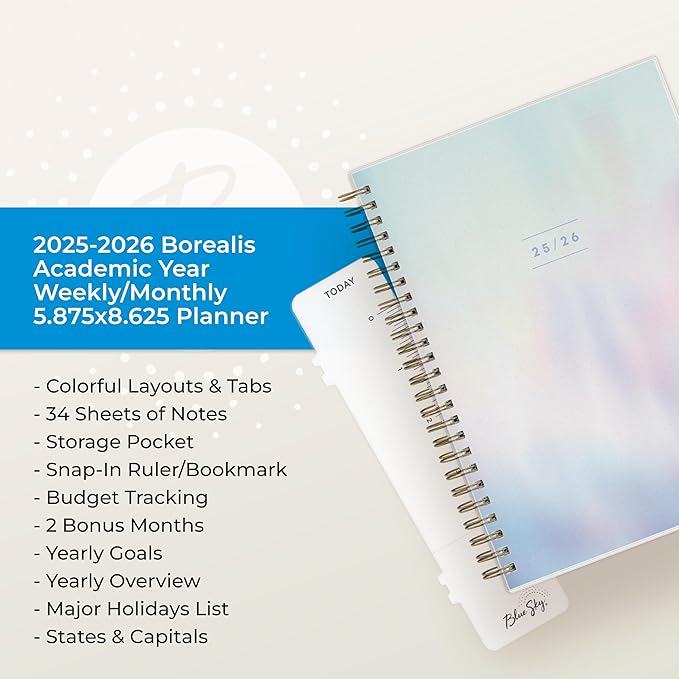 Blue Sky 2025-2026 Weekly and Monthly Academic Year Planner Calendar, July 2025 - June 2026, 5.8" x 8.6", Flexible Cover, Wirebound, Laminated Tabs, Storage Pocket, Borealis