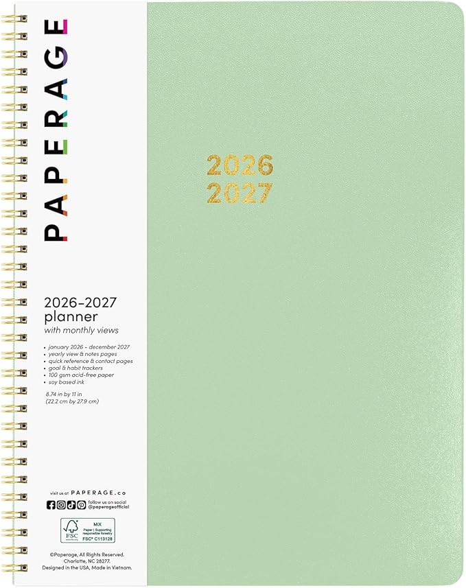 PAPERAGE 2 Year Monthly & Yearly Planner, 24 Months (January 2026 - December 2027), 8.5 in x 11 in, Spiral Bound 2026-2027 Planner with Monthly & Yearly Views, Note Pages & Trackers - Sage Green