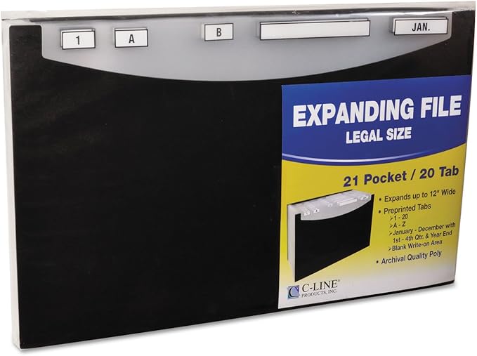 C-Line 48221 21-Pocket Stand-Up Design Expanding File, 12-Inch Exp, Legal, 15 x 9 1/4, Black
