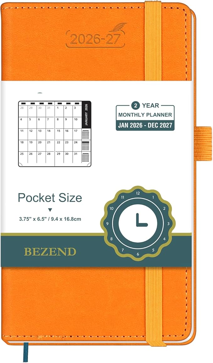 BEZEND Pocket Monthly Planner 2026-2027 (3.5" x 6.5") 2 Year Calendar Book for Purse with Note Pages, 100 GSM Paper, Inner Pocket, Pen Holder, Vegan Leather Hardcover in Orange