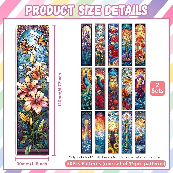 Peacoblue 30pcs UV DTF Bookmarks Transfer Stickers Wraps Colored Glass for Women Men Reading, Waterproof Bookmarkers Decal(No Blank Bookmarks) for Acrylic Plastic Metal Blank Bookmark