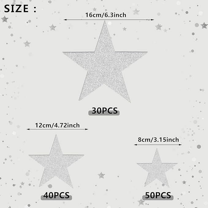 120 PCS Glitter Silver Five Stars Cutout Silver Stars for Bulletin Board Stars Classroom Wall Party Decoration Supply 3 Sizes 3.1inch 4.7inch 6.2inch