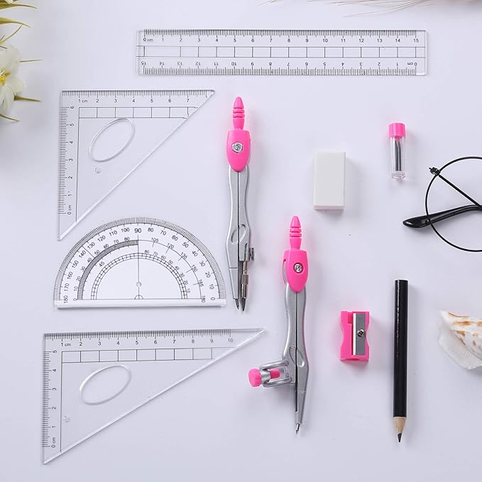 Vobou Math Geometry Kit Sets 10 Piece Student Supplies with Shatterproof Storage Box,Includes Rulers,Protractor,Compass,Eraser,Pencil Sharpener,Lead Refills,Pencil,for Drafting(Pink）