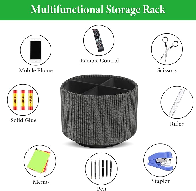 Round Leather Art Supply Organizer,Remote Control Holder,360 Degree Spinning,Multi-Functional Pencil Holder,4 Compartments Desktop Stationary Organizer(1-Wood Black)