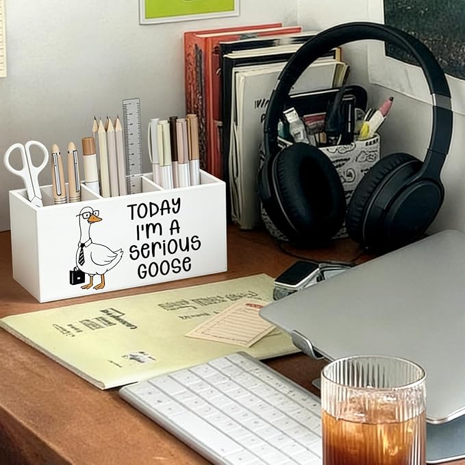Funny Goose Pen Pencil Holder for Desk, Office Humor Gifts for Coworkers Employees Women Men, Today I'm a Serious Goose Wooden Box Sign Decorations for Home Office Workplace Desk Tabletop
