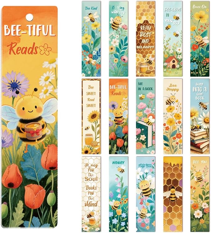 Peacoblue 30pcs UV DTF Bookmarks Transfer Stickers Wraps Bees and Flowers for Women Men Reading, Waterproof Bookmarkers Decal(No Blank Bookmarks) for Acrylic Plastic Metal Blank Bookmark