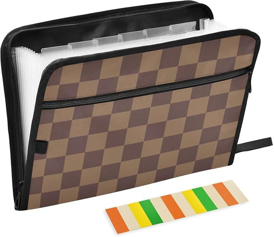 Expanding File Folder Brown Checkerboard Accordion File Organizer 13 Pockets Document Organizer with Zipper Labels A4 Letter Office Storage