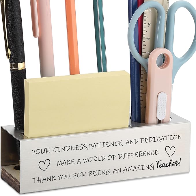 Teacher Appreciation Stainless Steel Pencil Holder with Engraved Quote, Thank You Gift from Student for Women Men, Desk Organizer for Pens Scissors Sticky Notes, Motivational Office Decor - FBA385