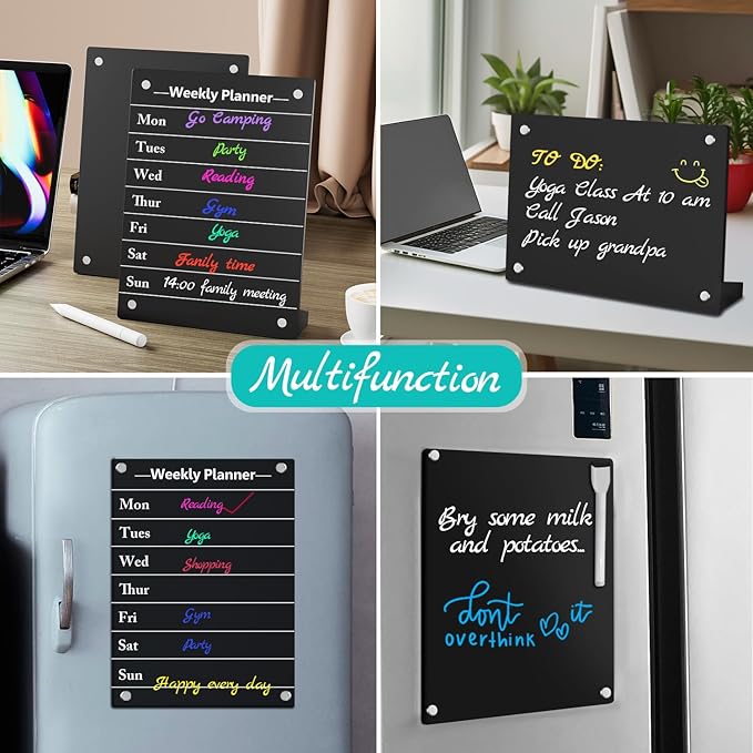 2PCS Black Acrylic Weekly Dry Erase Board with Stand for Desk, 12x8 Small Desktop Whiteboard Magnetic Fridge Calendar Memo Board, Daily Planner Blackboard Easel for Office, School