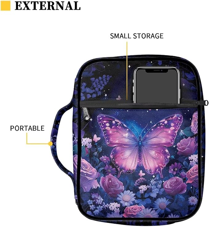 Suobstales Butterfly Rose Daisy Flower Print Bible Covers for Women Men Lightweight Bible Bag Bible Accessories with Handle and Zippered Pocket Bible Tote Bag for Kids