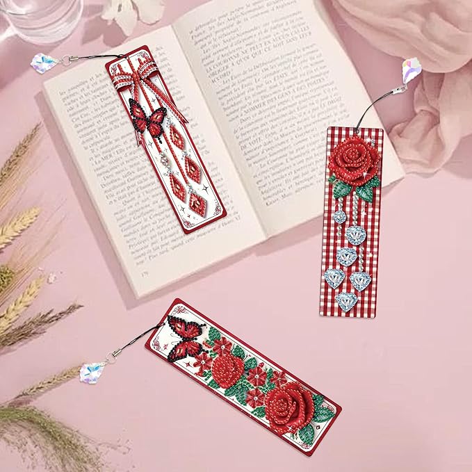 Tontut 3pcs Diamond Art Painting Kit Bookmark, Bow Rose Exquisite General DIY Bookmark, Lightweight and Durable, Suitable for Reading Lovers