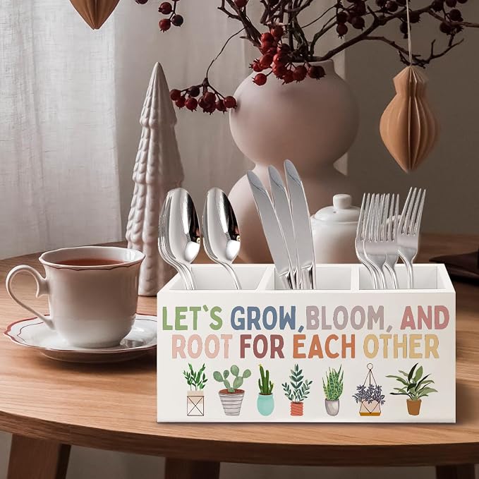 Boho Plant Classroom Wooden Pen Pencil Holder for Office Desk Accessories, Back to School Supplies for Students College Boys Girls Teachers First Day of School, Let's Root for Each Other