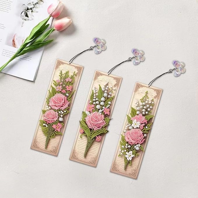 3Pcs DIY Diamond Art Painting Bookmarks with Colorful Butterfly Pendant PET Bookmark Ornament Double Sided Pattern Single Sided Diamond Book Marker Clip Gifts Tags-Pink Rose