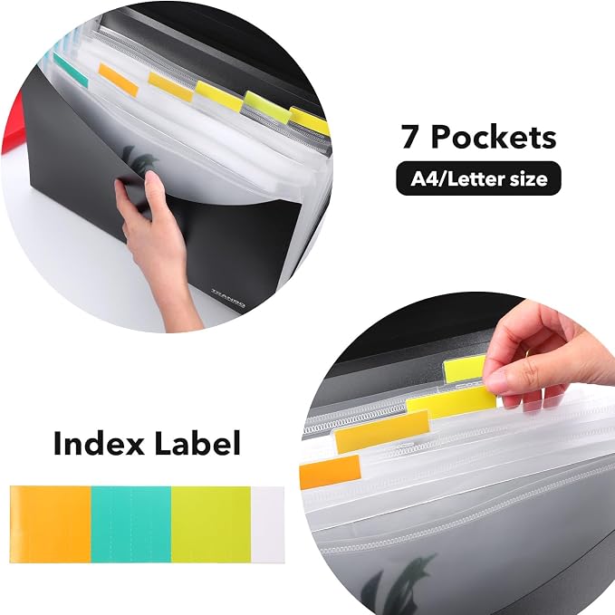 4 Pack 7 Pockets Accordion File Organizer, Letter Size/A4 Expanding File Folder with Index Tabs, Expandable Plastic Document Organizer for Business Travel School Office Home