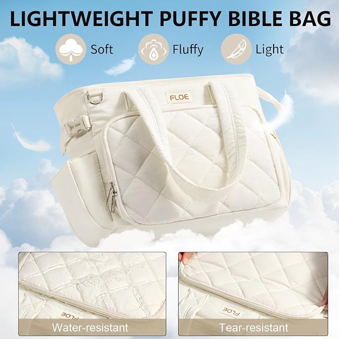 Large Bible Bag w/Bible Cover Case for Women, Puffer Bible Tote Bag Quilted Church Bag Carrying Case w/Shoulder Strap, Bible Study Supplies Journaling Kit Accessories Women Christian Mothers Day Gifts