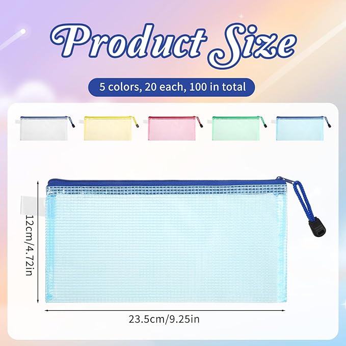 100 Pcs Mesh Zipper Pouch Bulk, 9.25 x 4.72 Inch Small Clear Plastic Pencil Pouches Multipurpose Waterproof Pencil Pouch for Stationary, Cosmetics, Bill, Envelopes Storage (5 Colors)