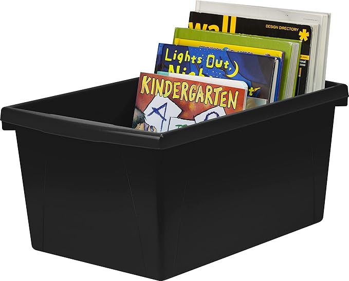 Storex 5.5 Gallon Storage Bin – Plastic Classroom Organizer for Books and Supplies, Black, 6-Pack (61429C06C)