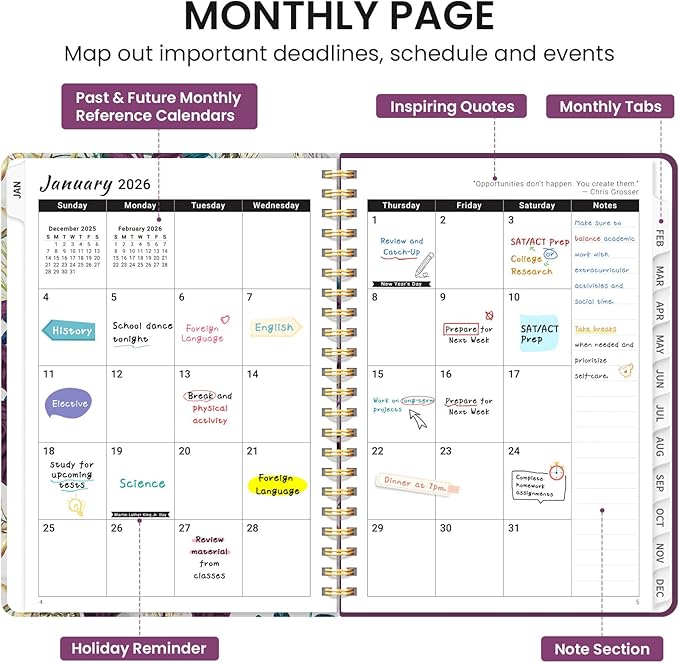 2026 Planner, Monthly and Weekly Calendar Planner for Women, Jan 2026 - Dec 2026, Hardcover Pretty 2026 Agenda Planner Book with Tabs, Spiral Bound, Perfect for School Office Home Supplies, 6.3" x 8.5" - Jungle