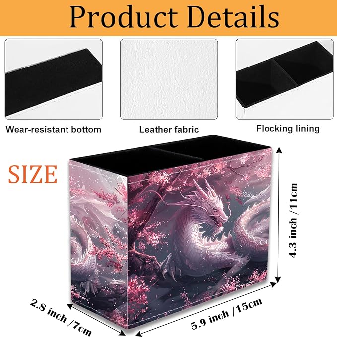 Pen Holder for Desk, PU Leather Multifunctional Desktop Storage Box and Anti-Slip Mouse Pad Set, Makeup Brush Holder Pen Organizer for Office and Home - Cherry Pink Dragon
