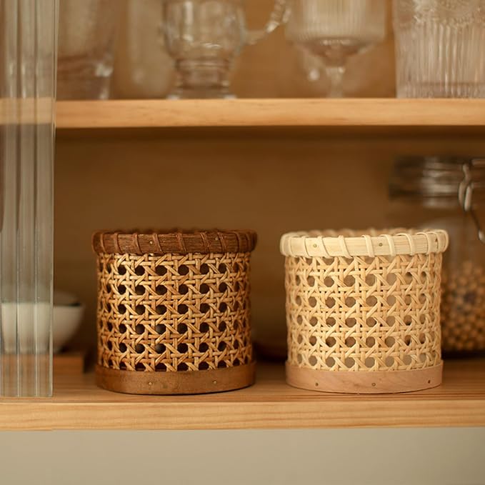 Handwoven Rattan Pen Holder, Cylindrical Desk Organizer, Natural Wicker Pencil Cup with Wooden Base for Office, Home, and Vanity - Boho Decor for Stationery, Makeup Brushes, etc.