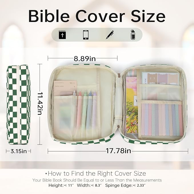 Bible Cover Case for Women Corduroy Bible Case for Girls Checkered Large Bible Cover with Handle Bible Study Supplies Accessories Christian Gifts for Women (Deep Green, Medium)