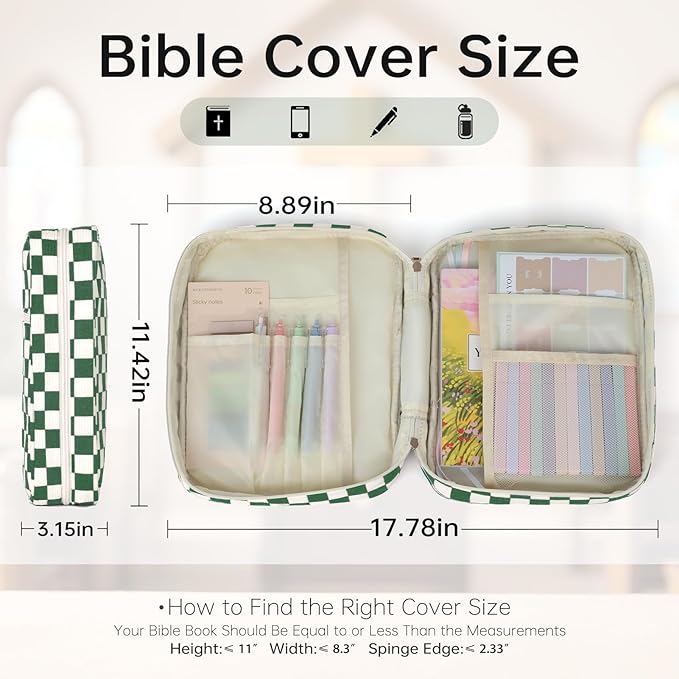 Bible Cover Case for Women Corduroy Bible Case for Girls Checkered Large Bible Cover with Handle Bible Study Supplies Accessories Christian Gifts for Women (Deep Green, Medium)