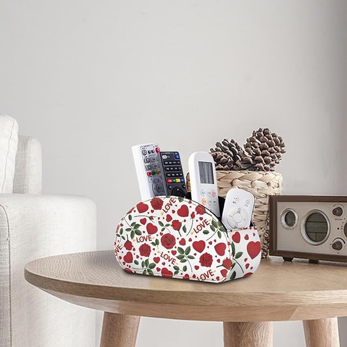 FUSURIRE Red Rose Love Print Tv Remote Controllers Holders for Desk Bed Couch Sofa, PU Leather Desk Storage Box Multi-functional Pencil Holder,Valentine's Day Theme Home&Office Accessories