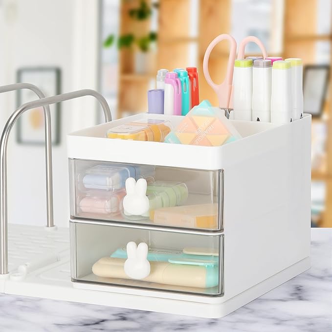 LETURE Desk Organizer with 2 Drawer, Pen Pencil Mail File Holder for Desk with Detachable Bookend, Stationery Accessories Storage Box for Office Supplies, Makeup, Jewelry for Home, Office (White)