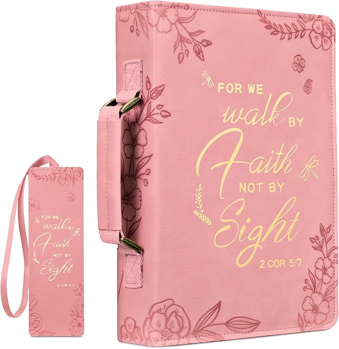 FINPAC Large Classic Bible Cover Vegan Leather Carrying Book Case Church Bag Bible Protective with Handle, Gift for Women, Mother, Friends, Pink