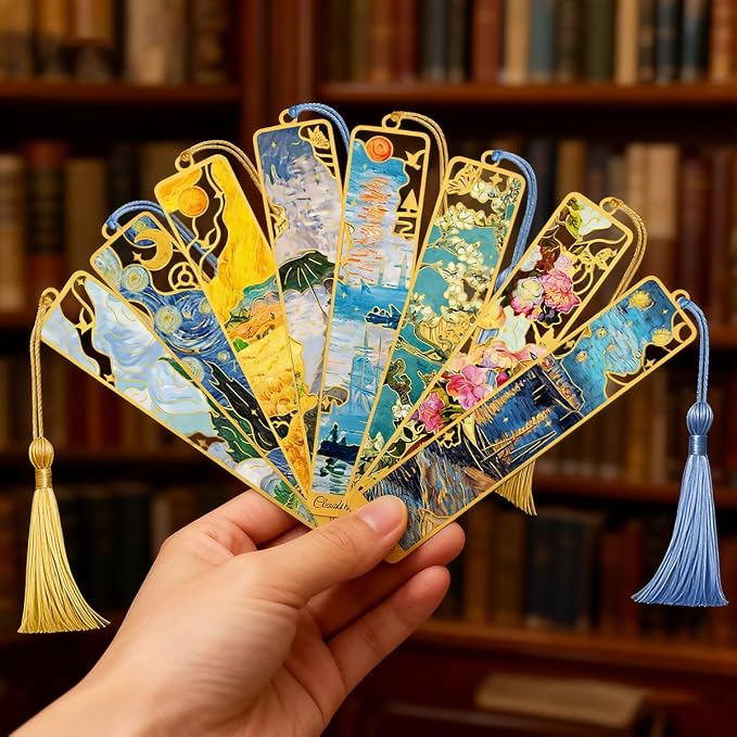 Kinsound Metal Bookmarks with Tassel, Golden Van Gogh Monet Oil Painting Theme Cute Hollow Book Markers for Reading Women, Teachers, Students, Reading Accessories Gifts for Book Lovers (Style B(8PCS))
