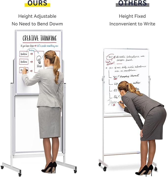 Rolling Whiteboard with Stand, 24x63 Double-Sided Magnetic Dry Erase Board & Cork Board, 4 Writing Surfaces, Adjustable Height Mobile White Board on Wheels for Home, Office, Classroom