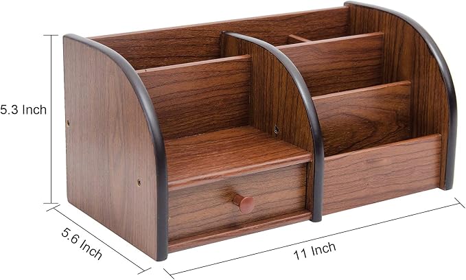 Liry Products Cherry Brown Wooden Desktop Organizer Drawer Multiple Compartments Stepped Shelf Racks 5 Slots Tabletop Storage Cabinet Office Supplies Caddy Stationery Holder Accessory Sorter Home