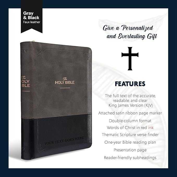 Personalized KJV Deluxe Standard Print King James Version Faux Leather Holy Bible with Thumb Index and Zippered Closure, Custom Name Includes Up to 3 Rows of Text with Red Letter Edition