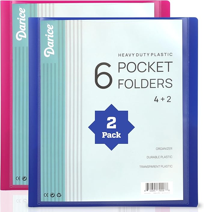 Darice 2 Pack 6 Pocket Folder - Double-Sided Multi Pocket Folder - Letter Size Paper Organizer for Office School - Pink & Blue - Back to School Supplies