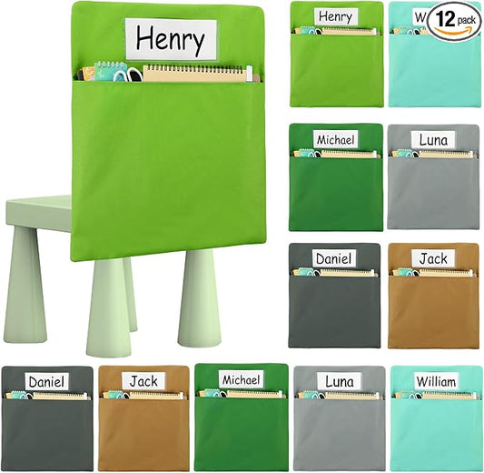 gisgfim 12 Pcs Chair Pockets for Classroom 17 x 20 Inch s with Name Tag for Classroom Chairback Pouch Bag Organizer for Student Elementary School Daycare Supply (Greenery)