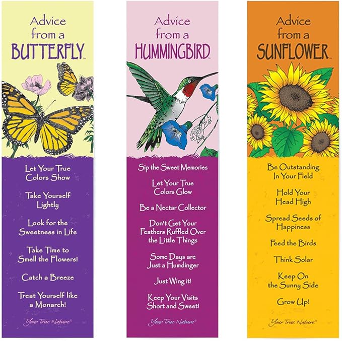 Advice 3 Bookmark Beautiful Set, Laminated with Glossy Finish, Printed on Recycled Paper, Butterfly, Hummingbird, Sunflower (AMBM-Beauty)