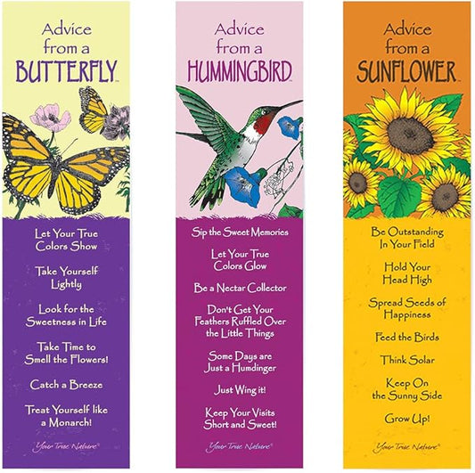 Advice 3 Bookmark Beautiful Set, Laminated with Glossy Finish, Printed on Recycled Paper, Butterfly, Hummingbird, Sunflower (AMBM-Beauty)
